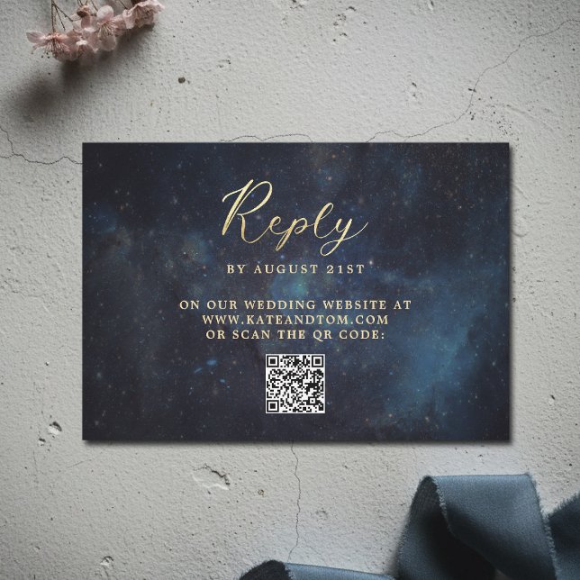 Cartão RSVP Galáxia Celestial Estrelas Azul Naval Meia-Noite C (celestial galaxy wedding rsvp reply watercolor moody navy blue starry night written in the stars)