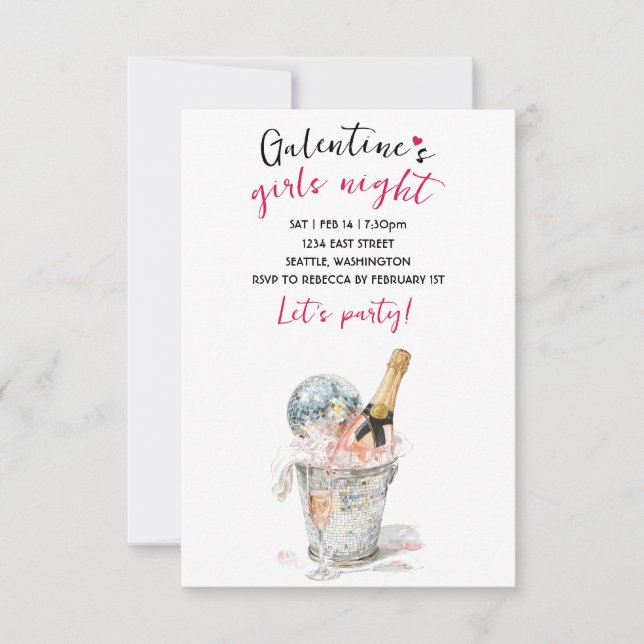 Cartão RSVP Galentines Party Invitation Champagne & Disco Ball (Frente)