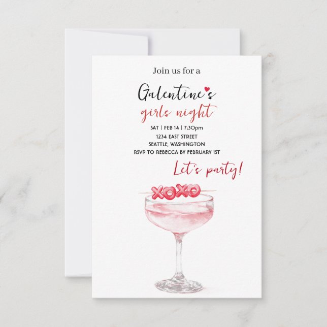 Cartão RSVP Galentines Party Invitation | Pink Cocktail (Frente)