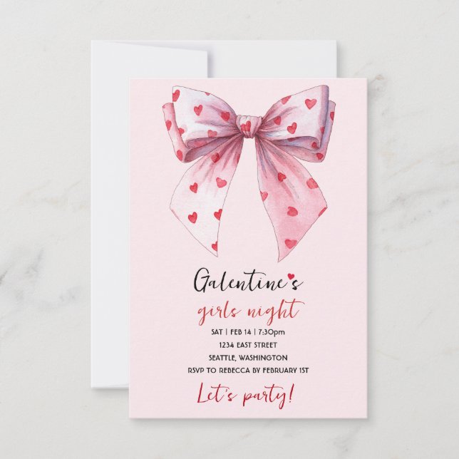 Cartão RSVP Galentines Pink Bow Party Invitation  (Frente)