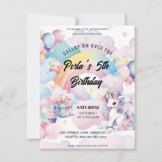 Cartão RSVP Gallop on Over the Rainbow unicorn Invitation 