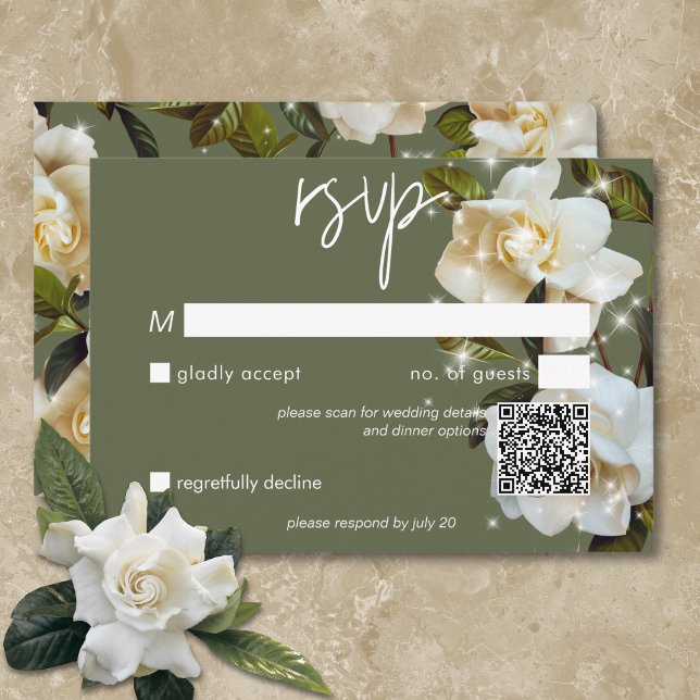 Cartão RSVP Gardenias Brancas Modernas no Código QR do Sage Sp (Modern White Gardenias on Sage Sparkle QR Code RSVP Card)