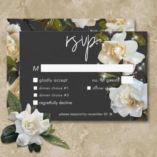 Cartão RSVP Gardenias Brancas Modernas no Janto Sparkle Preto (Modern White Gardenias on Black Sparkle Dinner RSVP Card)