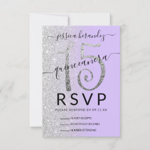Cartão RSVP Garota Lavanda Silver Glitter Ombre Quinceañera