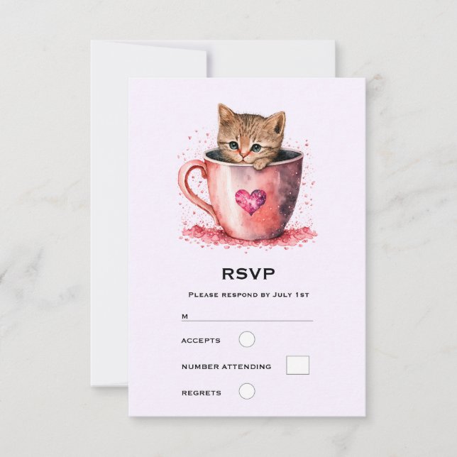 Cartão RSVP Gatinho Bonito num Teacup com Corações (Frente)