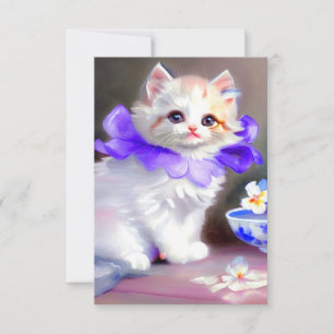 Cartão RSVP Gato branco com pintura de colarinho de flores rox
