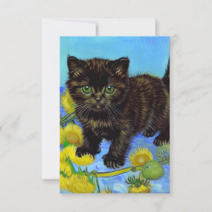 Cartão RSVP Gato de estilo Van Gogh com Sunflower