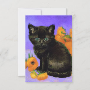 Cartão RSVP Gato Preto de Van Gogh com Girassóis