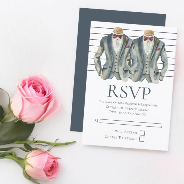 Cartão RSVP Gay Casamento de dois grupos em fatos e Gravatas A (Gay Wedding Two Grooms in Suits and Bow Ties RSVPs from Ricaso Designed in blue & white. modern RSVP)