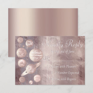 Cartão RSVP Geek Chic Wedding   Planetas Dourados Rosa de cobr