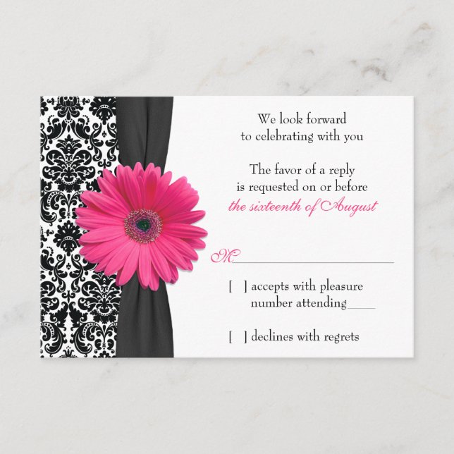Cartão RSVP Gerber Daisy Pink Black Casamento tema damasco RSV (Frente)