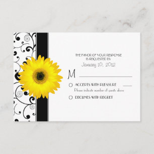Cartão RSVP Gerbera Daisy Amarelo com Design de rolagem preta 