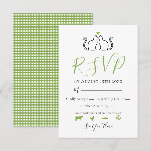 Cartão RSVP Gingham Branco Verde Moderno No Casamento Do Amor (Frente/Verso)