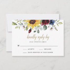 Cartão RSVP Girasóis Rosas Borgonha Azul Marinho Casamento Rús