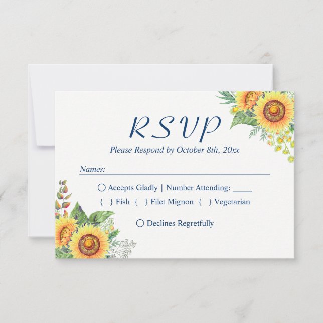 Cartão RSVP Girassóis Amarelo Marinho Azul Casamento Russo RSV (Frente)