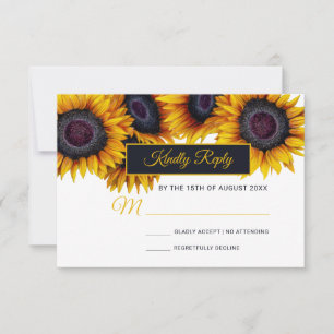 Cartão RSVP Girassóis em Flor   Casamento Moderno Dourado e Az