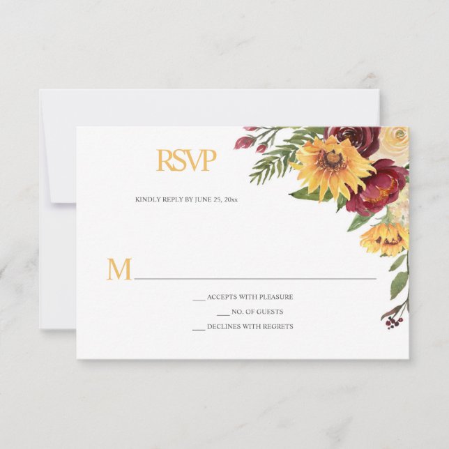 Cartão RSVP Girassóis Russos e Floral Borgonha (Frente)