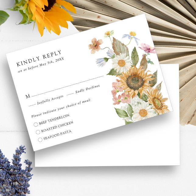 Cartão RSVP Girassol Elegante (Elegant Watercolor Sunflower Wildflowers Floral RSVP Card by Painted Paperie
)
