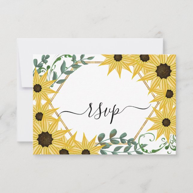 Cartão RSVP Girassol Eucalyptus Watercolor Amarelo Floral (Frente)