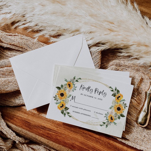 Cartão RSVP Girassol Russo | Casamento Simples Por Aquarela (Criador carregado)