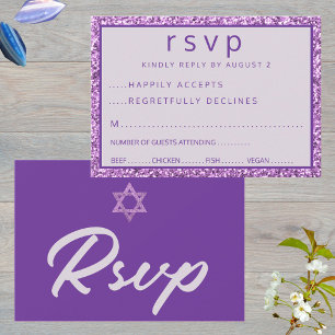 Cartão RSVP Glam Purple Elegant Star De David Bat Mitzvah