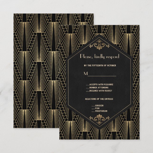 Cartão RSVP Glam Roaring 20s Great Gatsby Art Deco Wedding (Frente/Verso)