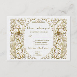 Cartão RSVP Glam White Dourado Art Deco Peacocks Casamento RSV