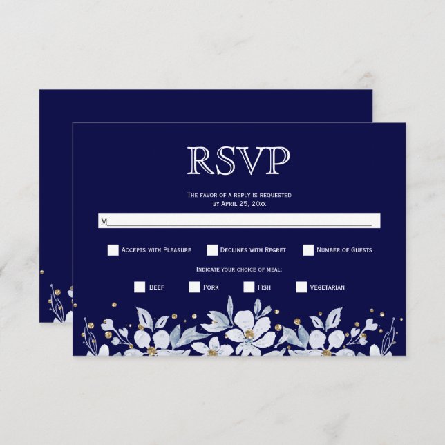 Cartão RSVP Glândula branca floral e joias marinho casamento a (Frente/Verso)