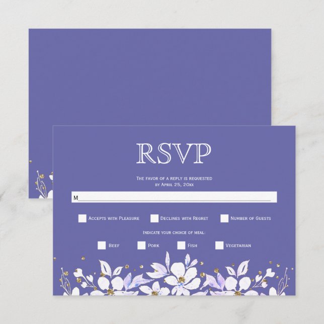 Cartão RSVP Glândula floral branca, casamento azul-marisco (Frente/Verso)