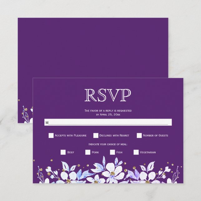 Cartão RSVP Glândula floral branca e casamento de joias roxas (Frente/Verso)