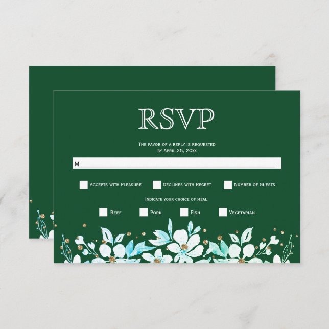 Cartão RSVP Glândula floral branca e casamento verde de joias (Frente/Verso)