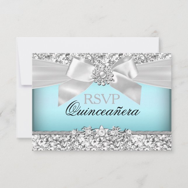 Cartão RSVP Glitter Azul Silver e Arco de Joel Quinceanera RSV (Frente)