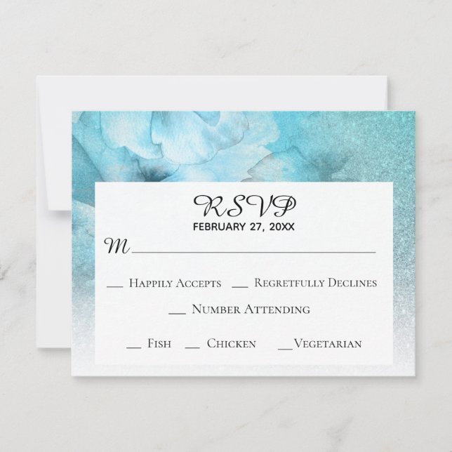 Cartão RSVP *~* Glitter Floral Azul Roxo Casamento em Aquarela (Frente)