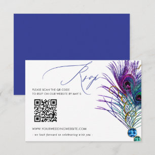 Cartão RSVP Glitter Gold Azul Roxo Pluma de Pavão QR CODE