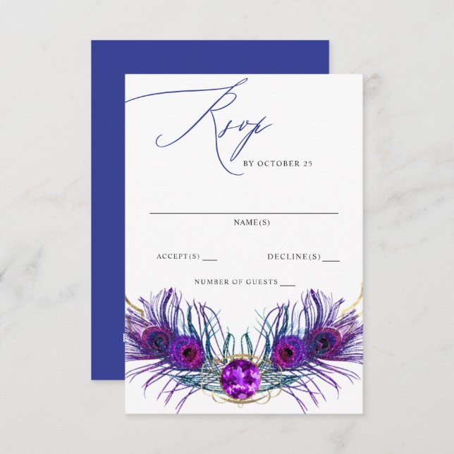 Cartão RSVP Glitter Gold Blue Purple Peacock Plume Wedding  (Frente/Verso)