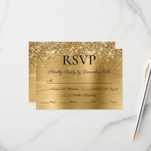 Cartão RSVP Glitter Gold Foil Elegant Calligraphy Wedding (Frente/Verso In Situ)