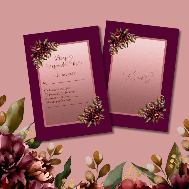 Cartão RSVP glitter Rose Gold Script - Burgundy floral wedding (Criador carregado)