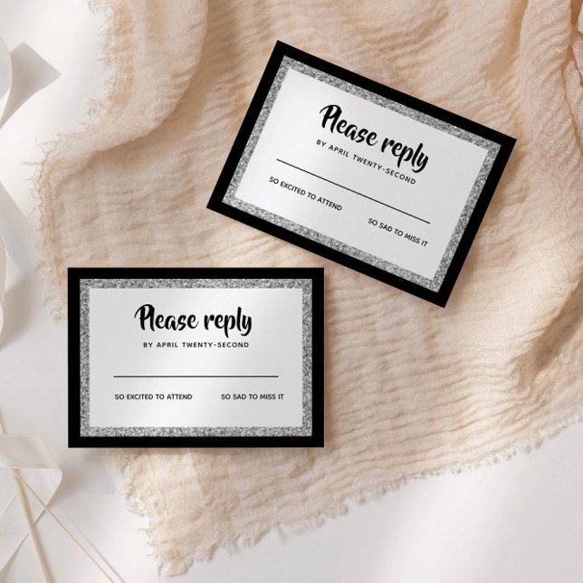 Cartão RSVP Glittery Bat Mitzvah Elegante Black and Silver (Criador carregado)