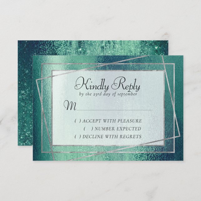 Cartão RSVP Glitzy Foil | Faísca Metálica Verde-Seafoam (Frente/Verso)