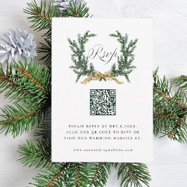 Cartão RSVP Gold Bow & Green Pine Wreath Wedding QR Code