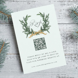 Cartão RSVP Gold Bow & Green Pine Wreath Wedding QR Code Mint