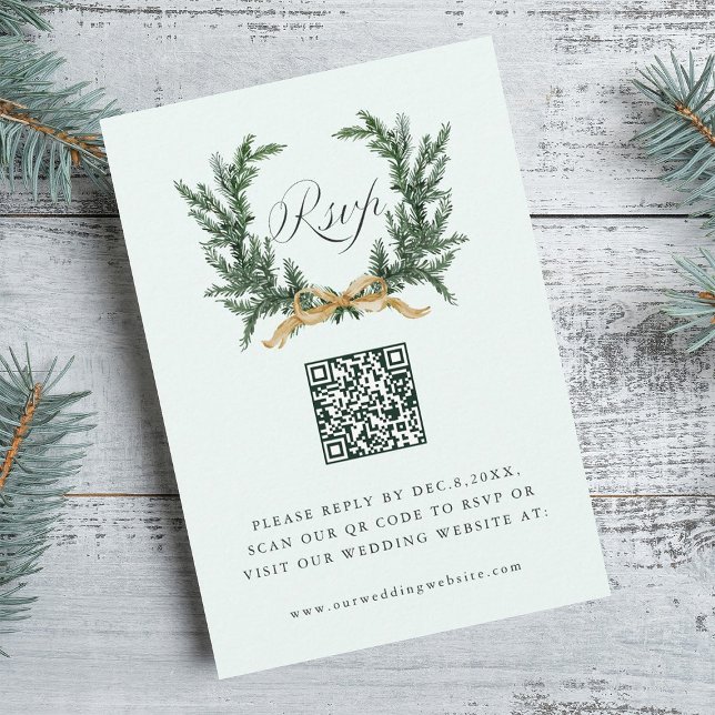 Cartão RSVP Gold Bow & Green Pine Wreath Wedding QR Code Mint (Criador carregado)