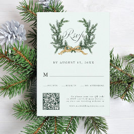 Cartão RSVP Gold Bow & Green Pine Wreath Wedding QR Code Mint