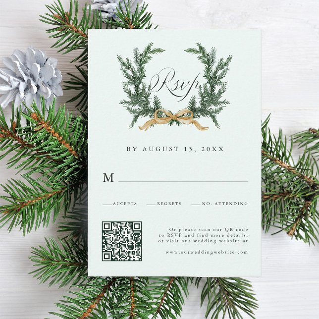 Cartão RSVP Gold Bow & Green Pine Wreath Wedding QR Code Mint (Criador carregado)