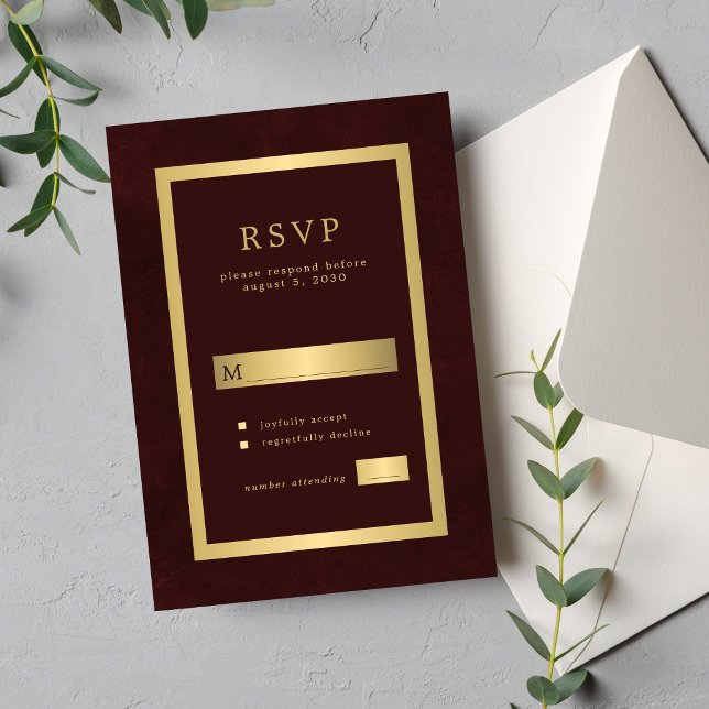 Cartão RSVP Gold burgundy formal wedding modern typography (Criador carregado)