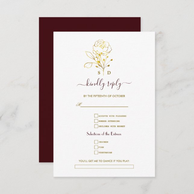 Cartão RSVP Gold Deep Burgundy Simple Song Request Wedding  (Frente/Verso)