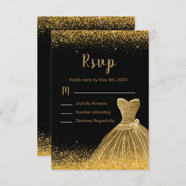 Cartão RSVP Gold Dress Faux Glitter Sweet 16 Birthday (Frente/Verso)