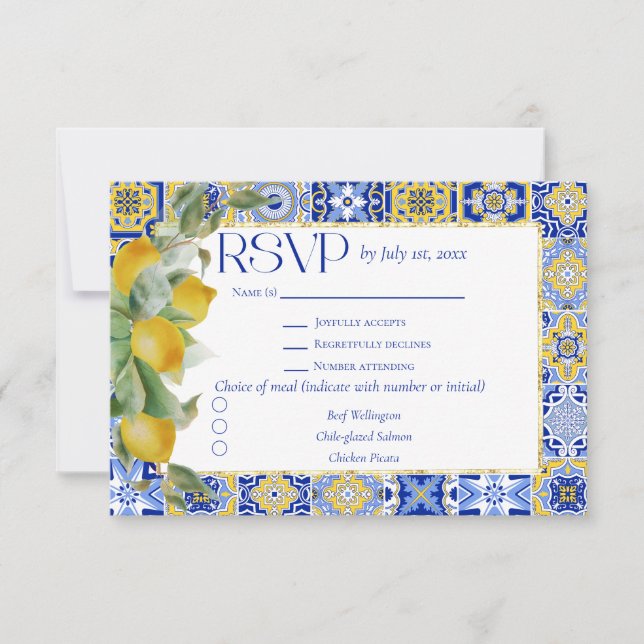 Cartão RSVP Gold Frame Italian Blue Tile Lemon Meal Wedding (Frente)