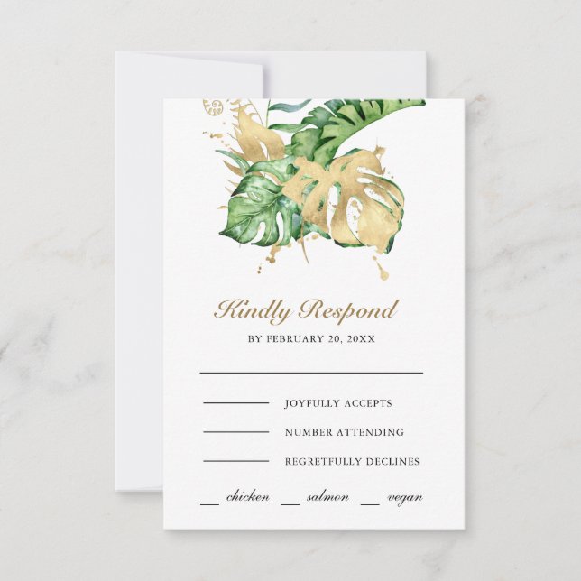 Cartão RSVP Gold Monstera Tropical Palm Wedding (Frente)