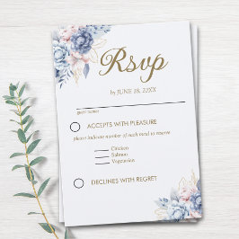 Cartão RSVP Golden Bloom: Blue & White Floral Wedding
